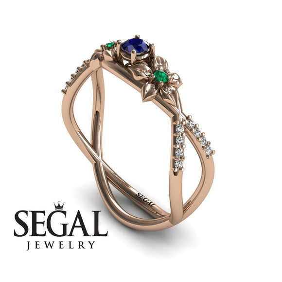 14K Rose Gold Thin Elegant Flower RingVintage Elegant Sapphire With Green Emerald 