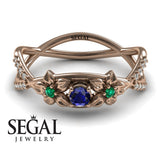 14K Rose Gold Thin Elegant Flower RingVintage Elegant Sapphire With Green Emerald 