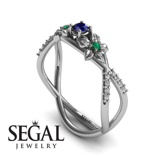 14K White Gold Thin Elegant Flower RingVintage Elegant Sapphire With Green Emerald 