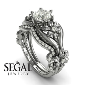 Unique Engagement Ring Diamond ring 14K White Gold Floral Flowers Antique Diamond 