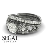 Unique Engagement Ring Diamond ring 14K White Gold Floral Flowers And Leafs Vintage Art Deco Diamond 