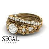 Unique Engagement Ring Diamond ring 14K Yellow Gold Floral Flowers And Leafs Vintage Art Deco Diamond 