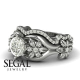 Unique Engagement Ring Diamond ring 14K White Gold Floral Flowers Antique Diamond 