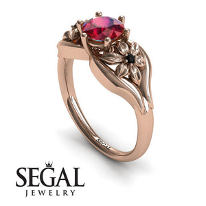 Engagement ring 14K Rose Gold Flowers Art Deco Ring Vintage Ruby With Black Diamond 