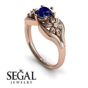 Engagement ring 14K Rose Gold Flowers Art Deco Ring Vintage Sapphire With Diamond 