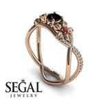 Engagement ring 14K Rose Gold Flowers Black Diamond With Ruby 