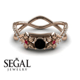 Engagement ring 14K Rose Gold Flowers Black Diamond With Ruby 
