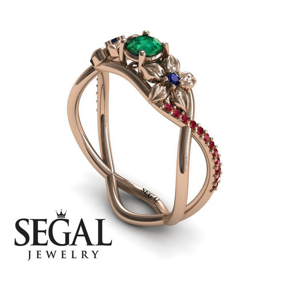 Engagement ring 14K Rose Gold Flowers Green Emerald With Sapphire 