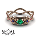 Engagement ring 14K Rose Gold Flowers Green Emerald With Sapphire 