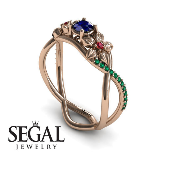 Engagement ring 14K Rose Gold Flowers Sapphire With Ruby 