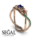 Engagement ring 14K Rose Gold Flowers Sapphire With Ruby 