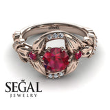 Engagement ring 14K Rose Gold Flowers Vintage Art Deco Ruby With Diamond 
