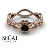 Engagement ring 14K Rose Gold Flowers Vintage Elegant Black Diamond With Ruby 