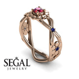 Engagement ring 14K Rose Gold Flowers Vintage Elegant Ruby With Sapphire 
