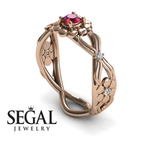 Engagement ring 14K Rose Gold Flowers Vintage Elegant Ruby With Diamond 