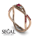 Engagement ring 14K Rose Gold Thin Elegant Victorian Ruby With Diamond 