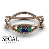 Engagement ring 14K Rose Gold Thin Elegant Victorian Sapphire With Green Emerald 
