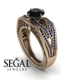 Engagement ring 14K Rose Gold Vintage Antique Black Diamond With Sapphire 