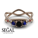Engagement ring 14K Rose Gold Vintage Elegant Black Diamond With Sapphire 