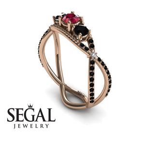 Engagement ring 14K Rose Gold Vintage Elegant Ruby With Black Diamond 