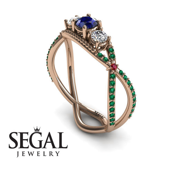 Engagement ring 14K Rose Gold Vintage Elegant Sapphire With Diamond 