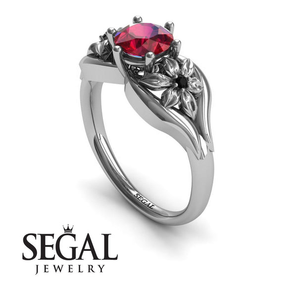 Engagement ring 14K White Gold Flowers Art Deco Ring Vintage Ruby With Black Diamond 