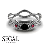Engagement ring 14K White Gold Flowers Black Diamond With Ruby 