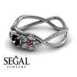Engagement ring 14K White Gold Flowers Black Diamond With Ruby 