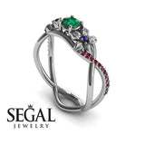 Engagement ring 14K White Gold Flowers Green Emerald With Sapphire 