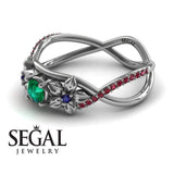 Engagement ring 14K White Gold Flowers Green Emerald With Sapphire 