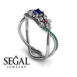 Engagement ring 14K White Gold Flowers Sapphire With Ruby 