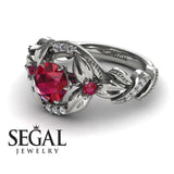 Engagement ring 14K White Gold Flowers Vintage Art Deco Ruby With Diamond 
