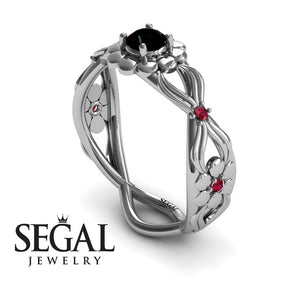 Engagement ring 14K White Gold Flowers Vintage Elegant Black Diamond With Ruby 