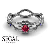 Engagement ring 14K White Gold Flowers Vintage Elegant Ruby With Sapphire 