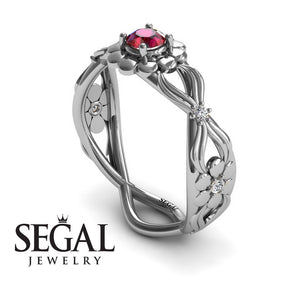 Engagement ring 14K White Gold Flowers Vintage Elegant Ruby With Diamond 