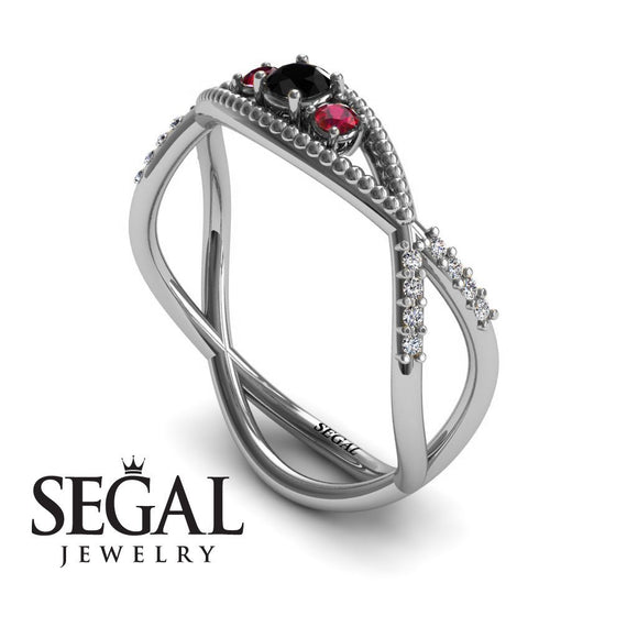 Engagement ring 14K White Gold Thin Elegant Victorian Black Diamond With Ruby 