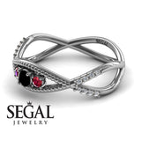 Engagement ring 14K White Gold Thin Elegant Victorian Black Diamond With Ruby 