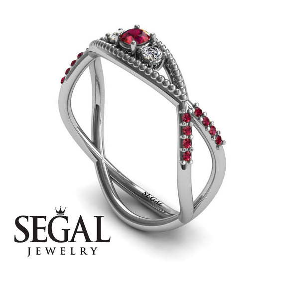 Engagement ring 14K White Gold Thin Elegant Victorian Ruby With Diamond 