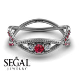 Engagement ring 14K White Gold Thin Elegant Victorian Ruby With Diamond 