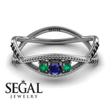 Engagement ring 14K White Gold Thin Elegant Victorian Sapphire With Green Emerald 