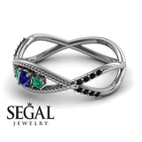 Engagement ring 14K White Gold Thin Elegant Victorian Sapphire With Green Emerald 