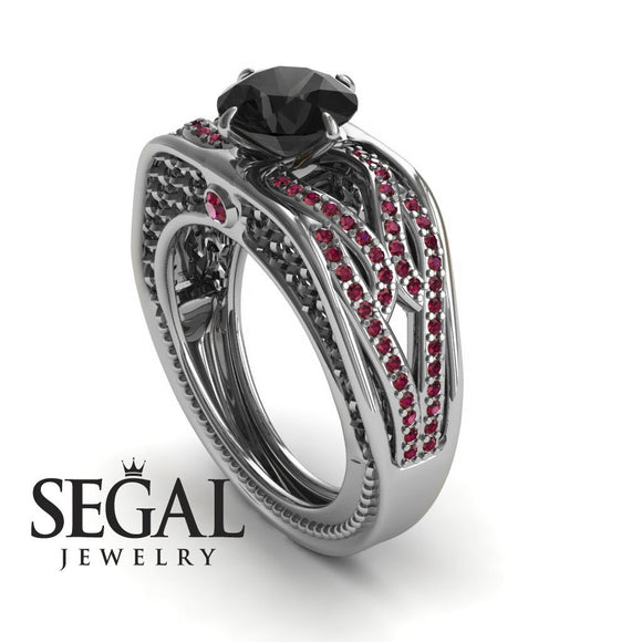 Engagement ring 14K White Gold Vintage Antique Black Diamond With Ruby 