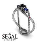 Engagement ring 14K White Gold Vintage Elegant Black Diamond With Sapphire 
