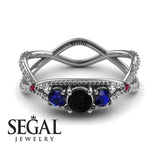 Engagement ring 14K White Gold Vintage Elegant Black Diamond With Sapphire 
