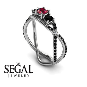 Engagement ring 14K White Gold Vintage Elegant Ruby With Black Diamond 