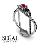 Engagement ring 14K White Gold Vintage Elegant Ruby With Black Diamond 