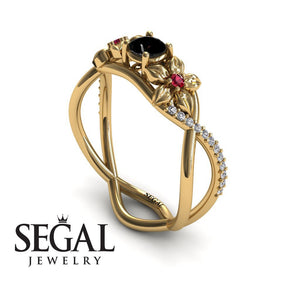 Engagement ring 14K Yellow Gold Flowers Black Diamond With Ruby 