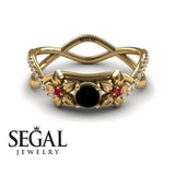 Engagement ring 14K Yellow Gold Flowers Black Diamond With Ruby 