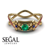 Engagement ring 14K Yellow Gold Flowers Green Emerald With Sapphire 