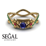 Engagement ring 14K Yellow Gold Flowers Sapphire With Ruby 